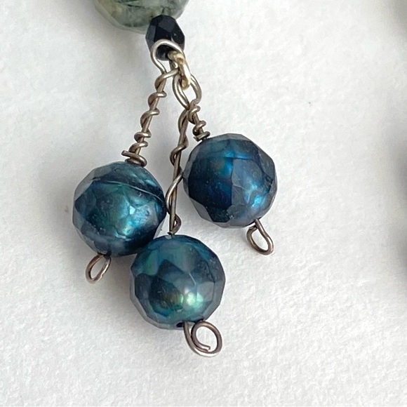 Vintage Rutilated Quartz Earrings Iridescent Peacock Blue Green Beaded Handmade - Picture 5 of 8